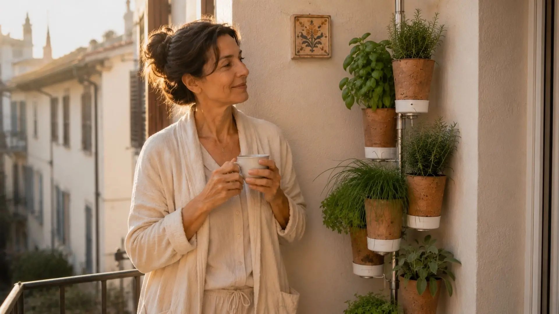 Thoughtful gift for mom: vertical garden on morning balcony