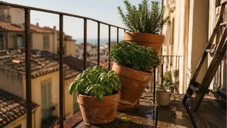 herb garden on the balcony — basil, parsley and rosemary in terracotta pots in the morning light